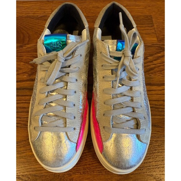 P448 John Sneakers Silver Gray Pink Accent Leather Womens EU Sz 38 US 8.5-9 - Picture 6 of 12